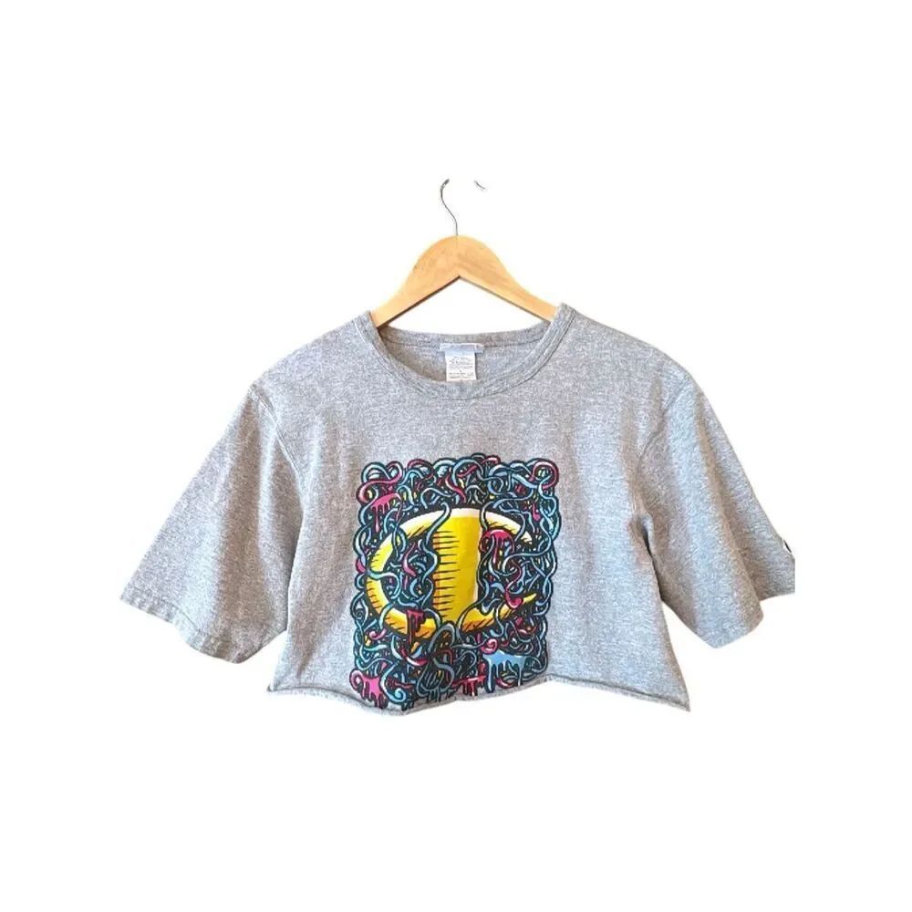 CHAMPION Vintage 90s Blue Box Crop Top Psychedelic Drip Art C Logo Graphic Tee